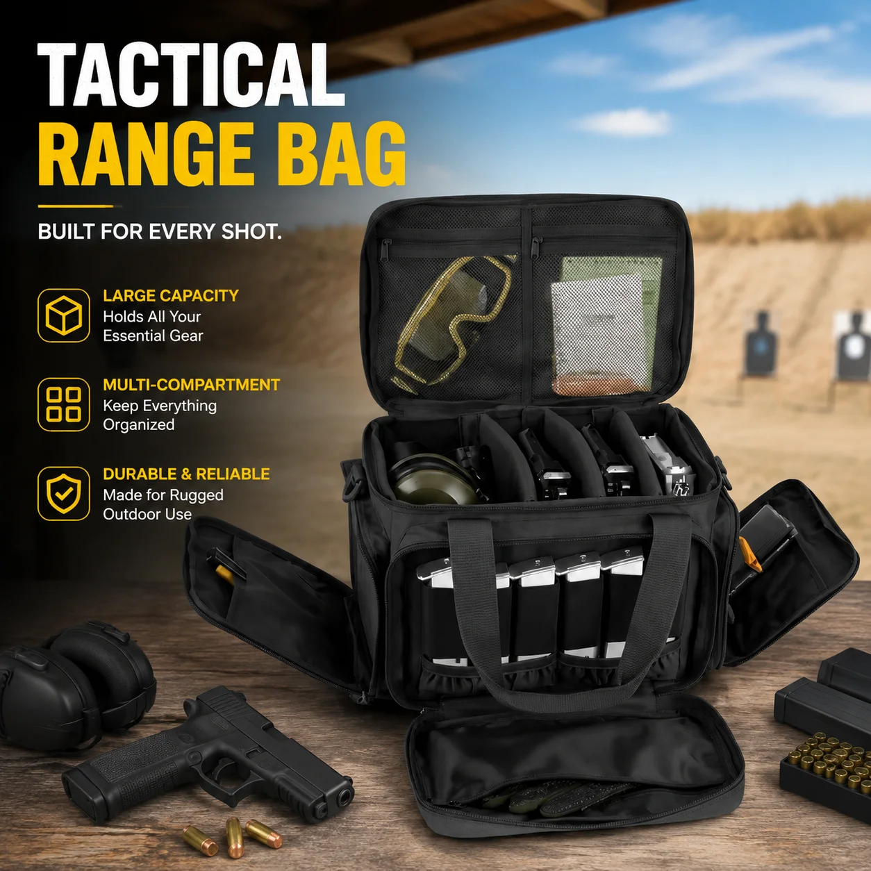 Tactical Range Bag Large Capacity Shooting Duffel, Multi-Compartment Hunting Gear Carrier with Magazine Pouch, Black Shoulder