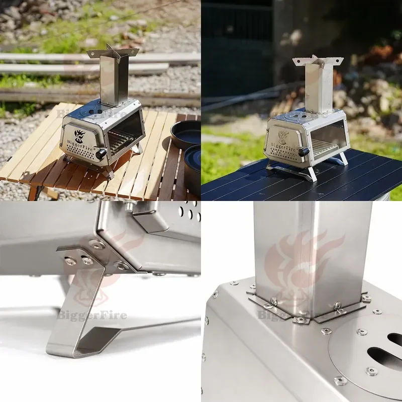 BiggerFire Stainless Steel Collapsible Mini Outdoor Kitchen Portable Rocket Stove High Efficiency Camping Hiking Survival