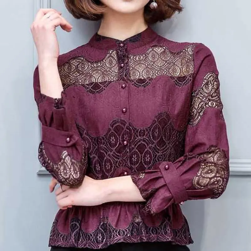 

Simplicity Elegant 2023 New Korean Fashion Loose Solid Blouses Buttons Lace Patchwork Long Sleeve Temperament Women Clothing