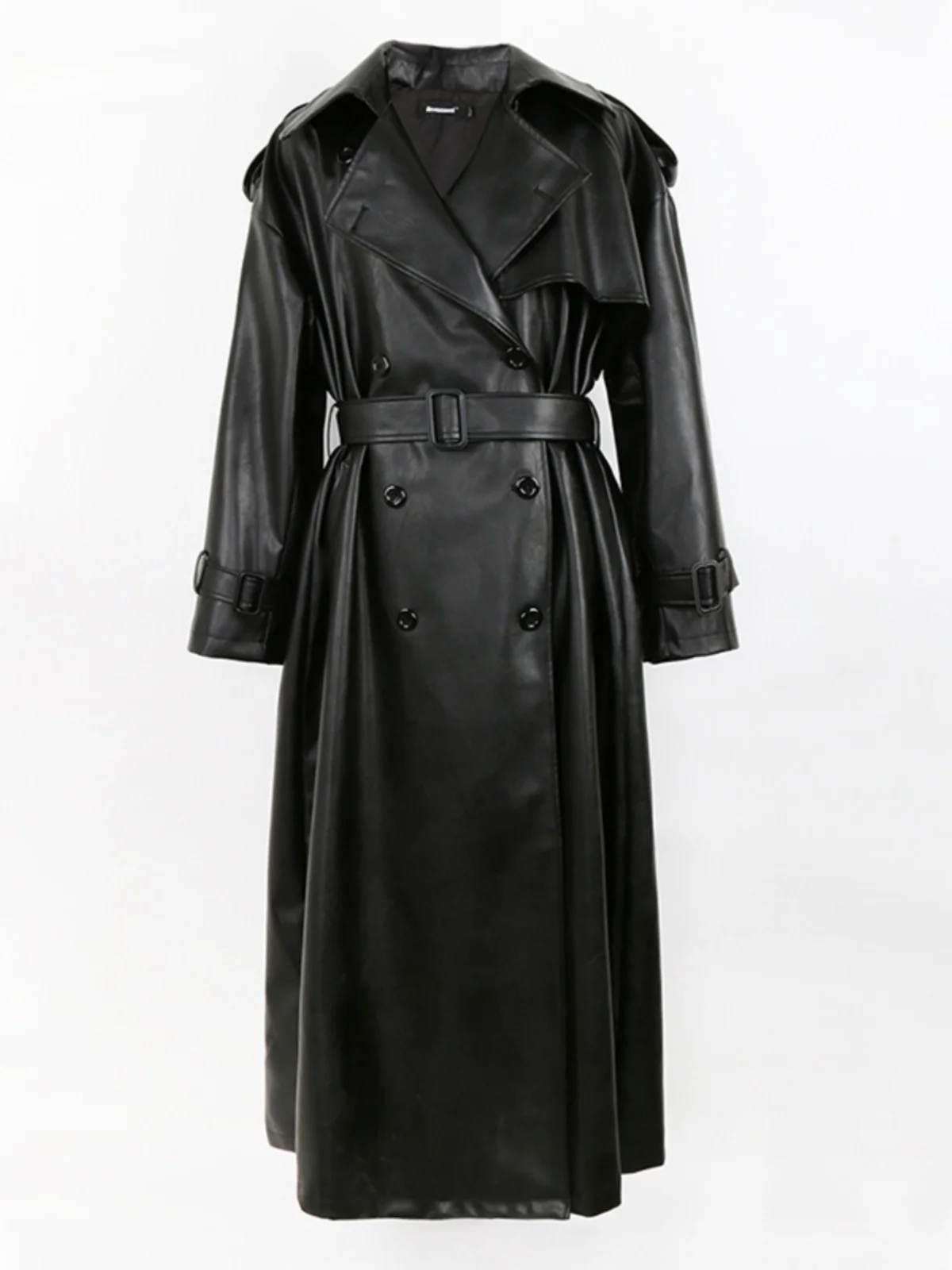 

Nerazzurri Black Oversize Leather Jacket Women Long Coat Belt Double Row Buttons Loose PU Leather Outerwear Commute Style
