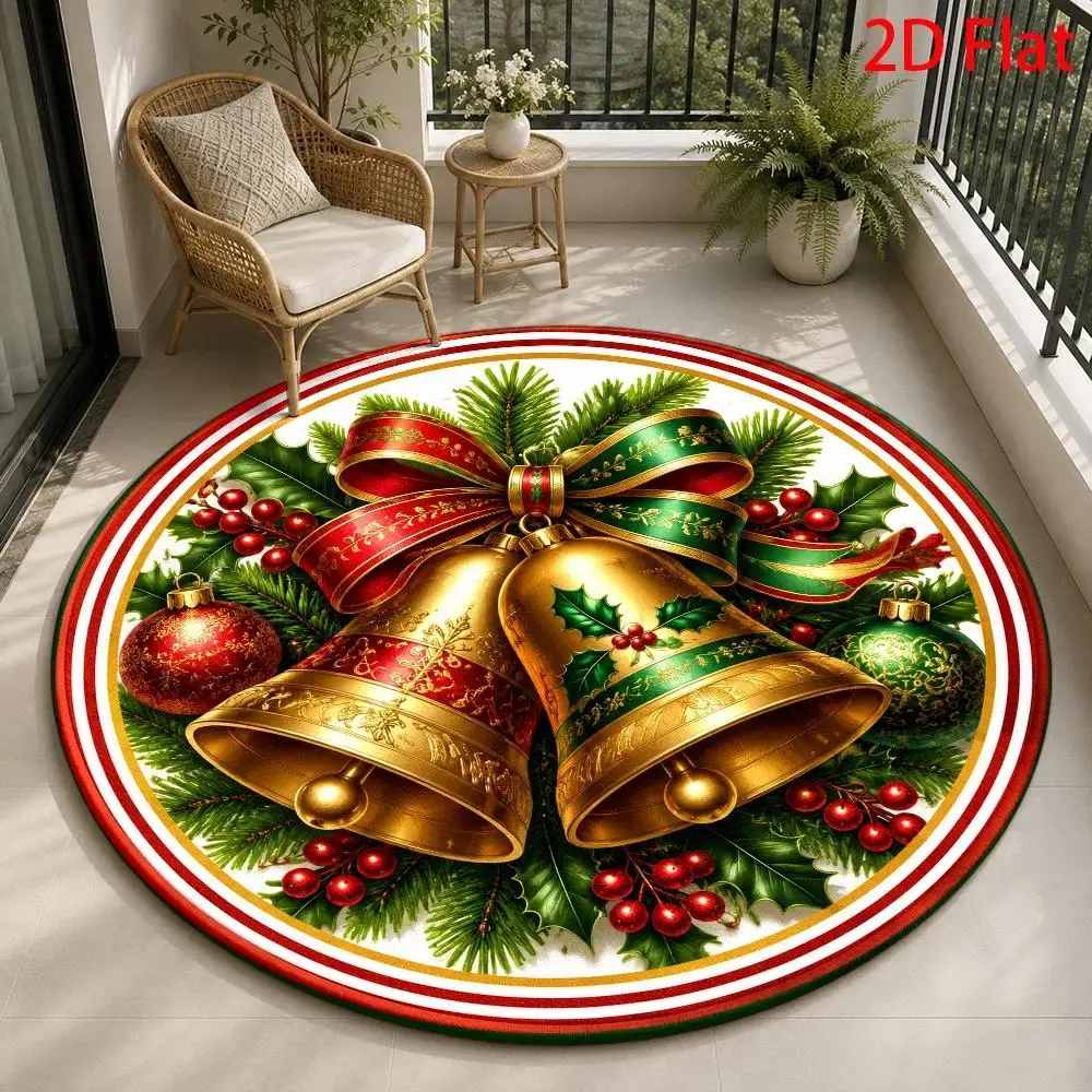 Christmas Circular Area Rug Golden Bell Bow Christmas Ornament Print Soft Floor Mat Holiday Home Decoration Gift Option