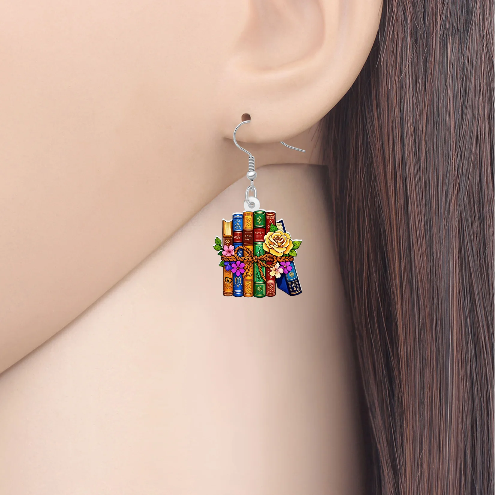 BONSNY Acrylic Floral Stacked Books Dangle Earrings Elegant Rose Bookplie Jewelry Bookish Gifts For Women Bookworm Reader Charms