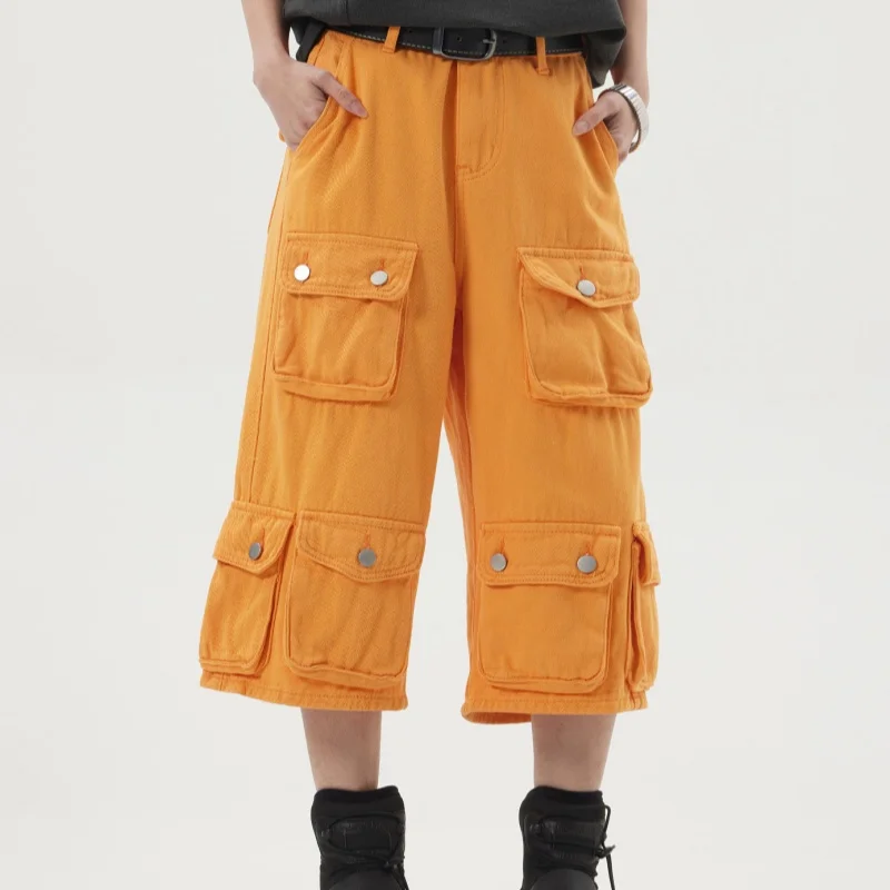 vintage multi pocket workwear pants for men, high street straight leg loose wide leg pants, cropped pants, casual pants,J54