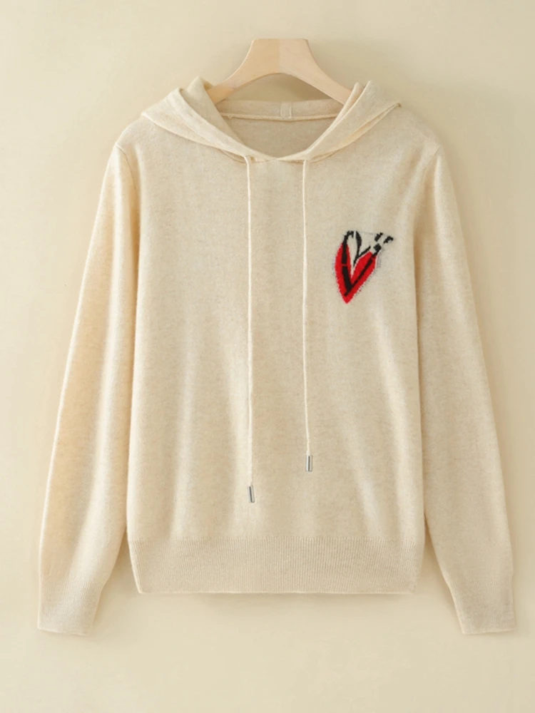 ADDONEE Women 100% Cashmere Sweater Heart Knit Hooded Pullover Autumn Winter Casual Loose 100% Cashmere Knitwear Korean Tops