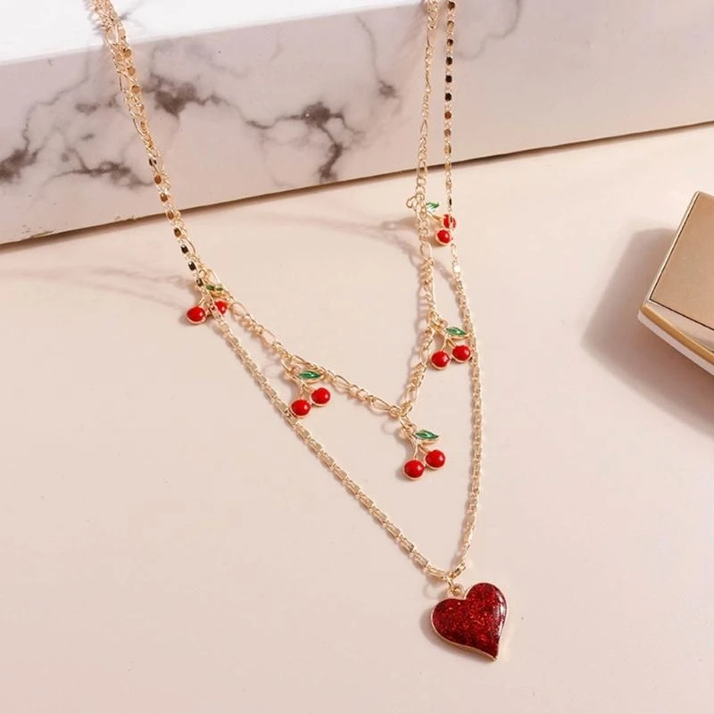 T4MD Double Layer Necklace with Cherry/Grape Pendant Fashion Heart Charm Neckchain Adjustable for Parties & Social Event