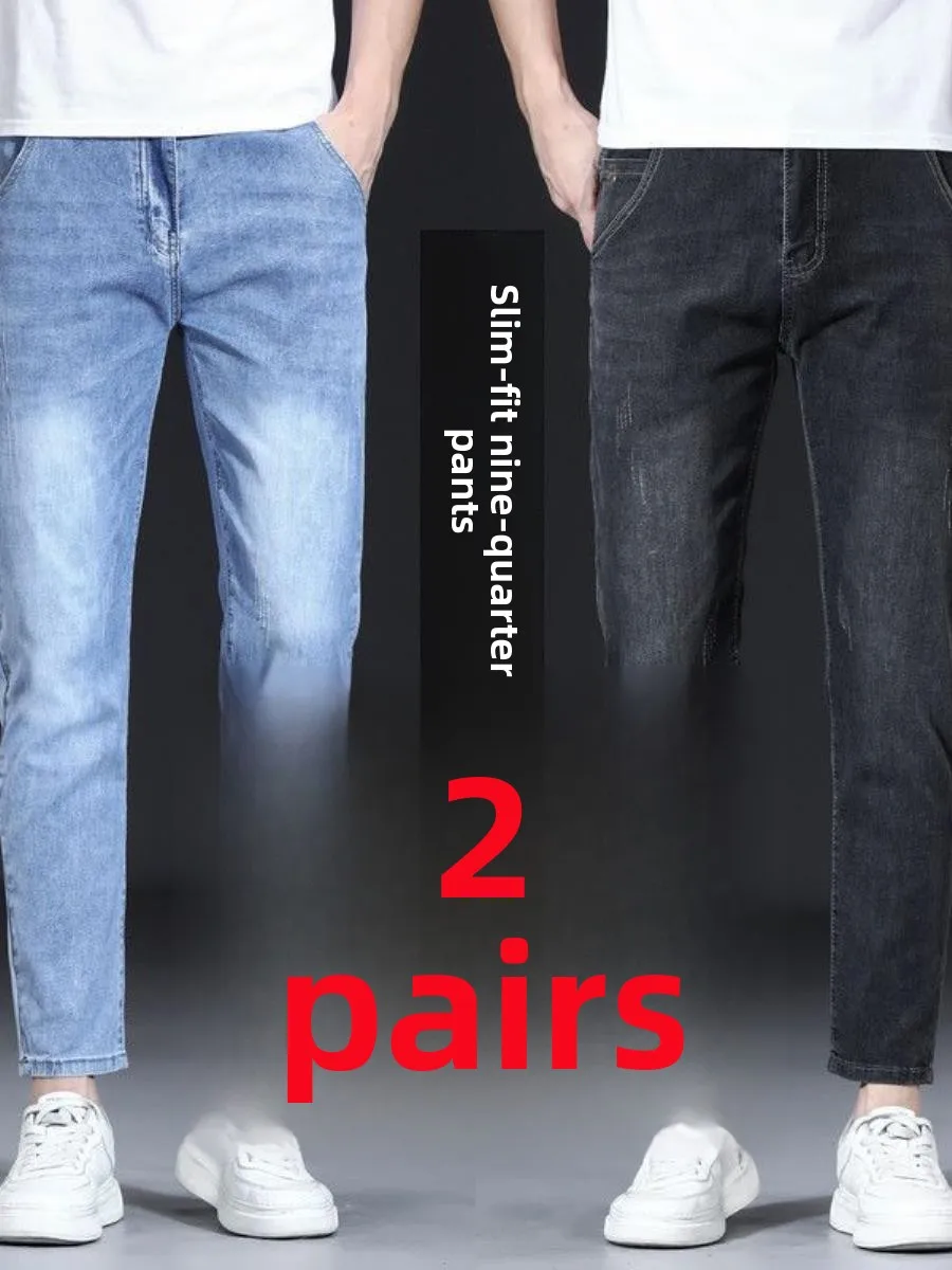 

Spring Autumn Men's Slim Fit Faionable Jeans Elastic Nine Points Embroidered Trendy Brand Cotton Denim Pants Casual Wear