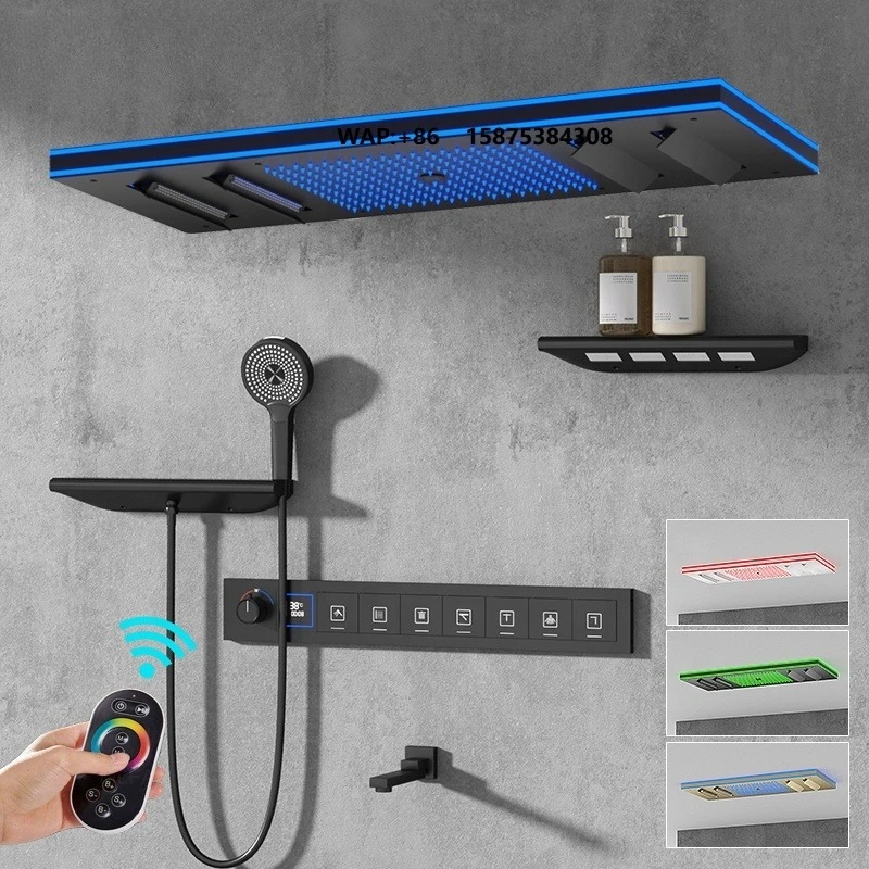 Ceiling Embedded LED Music Shower Head 7 Functions In-Wall Mount Brass Thermostatic Shower Faucet Set