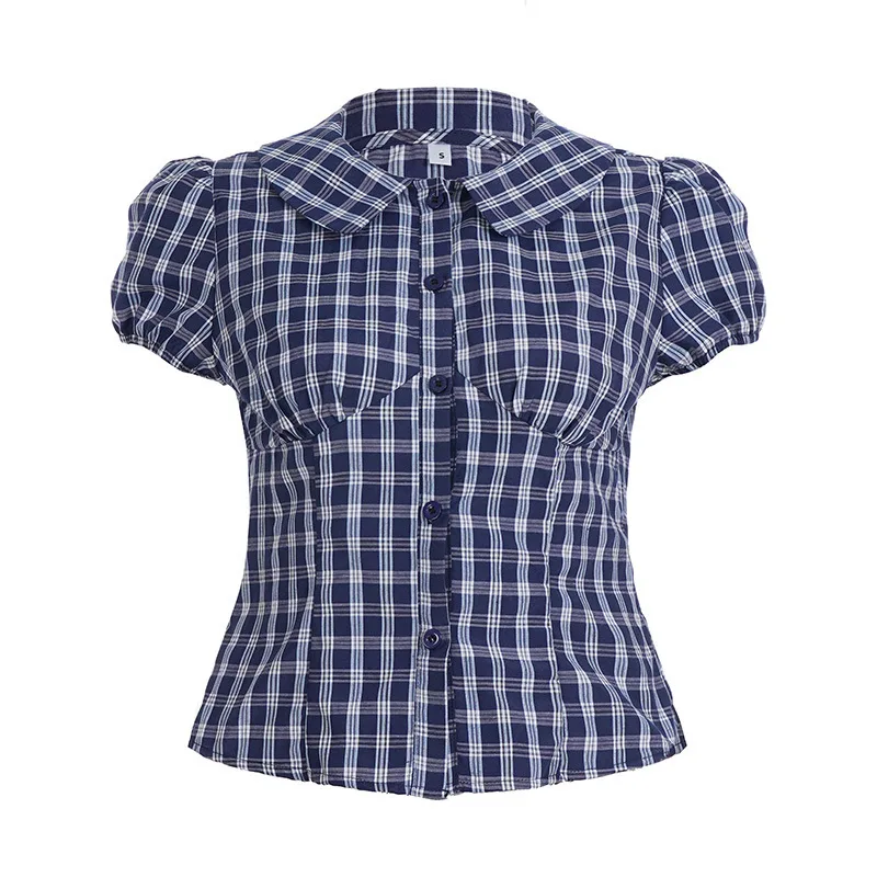 Europäisches und amerikanisches Retro-Blau-Karo-Kurzarm-Taillenshirt für Damen mit Puffärmeln und ausländischem Revers