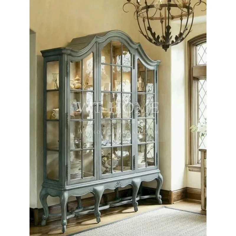 American furniture French solid wood glass living room decorative cabinet retro display wine cabinet carved carved bookcase