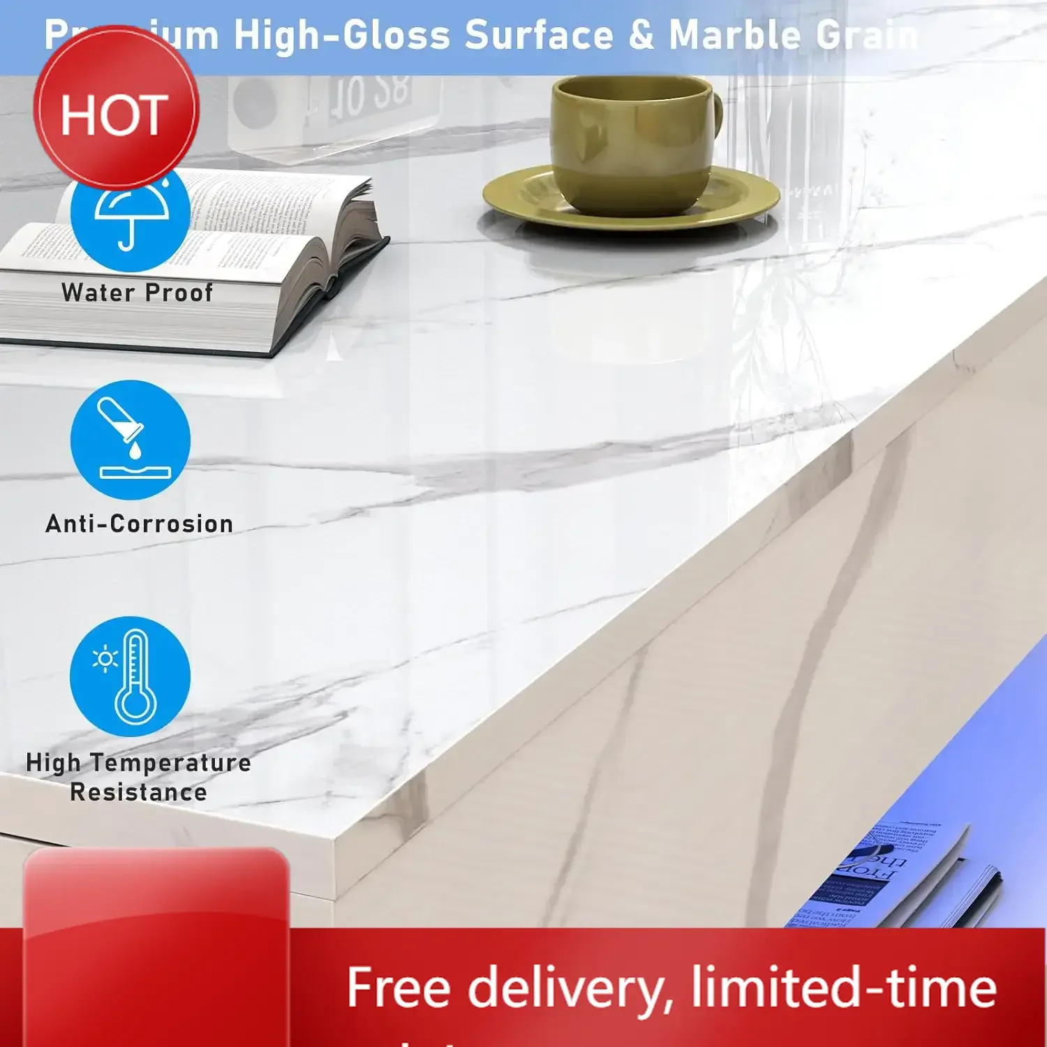 

Большой глянцевый LED-столик для кофе 47 дюймов с 2 выдвижными ящиками, журнальный столик для гостиной с мраморным принтом, современный дизайн