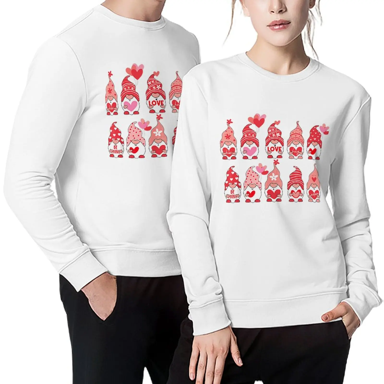 

Cotton Funny Gnome With Hearts Valentine's Day Matching Gift Men Casual Thickened Adult Fleece Crewneck Sweatshirt Pullover