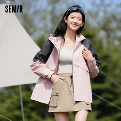 Semir Jacket Women Mid-Length Jacket Sleeves Loose-Fit Waterproof Oil-Resistant Stain-Resistant 2024 New Autumn Hooded Jacket