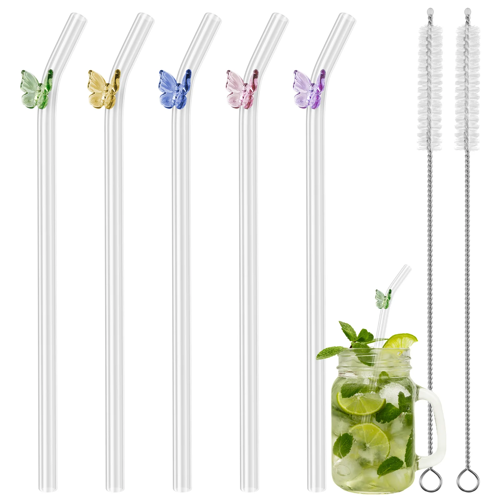 5/6Pcs Drinking Straws Clear Glass Drinking Staws with Cleaning Brush Butterfly Mushroom Straws Heat-Resistant Smoothie Straws