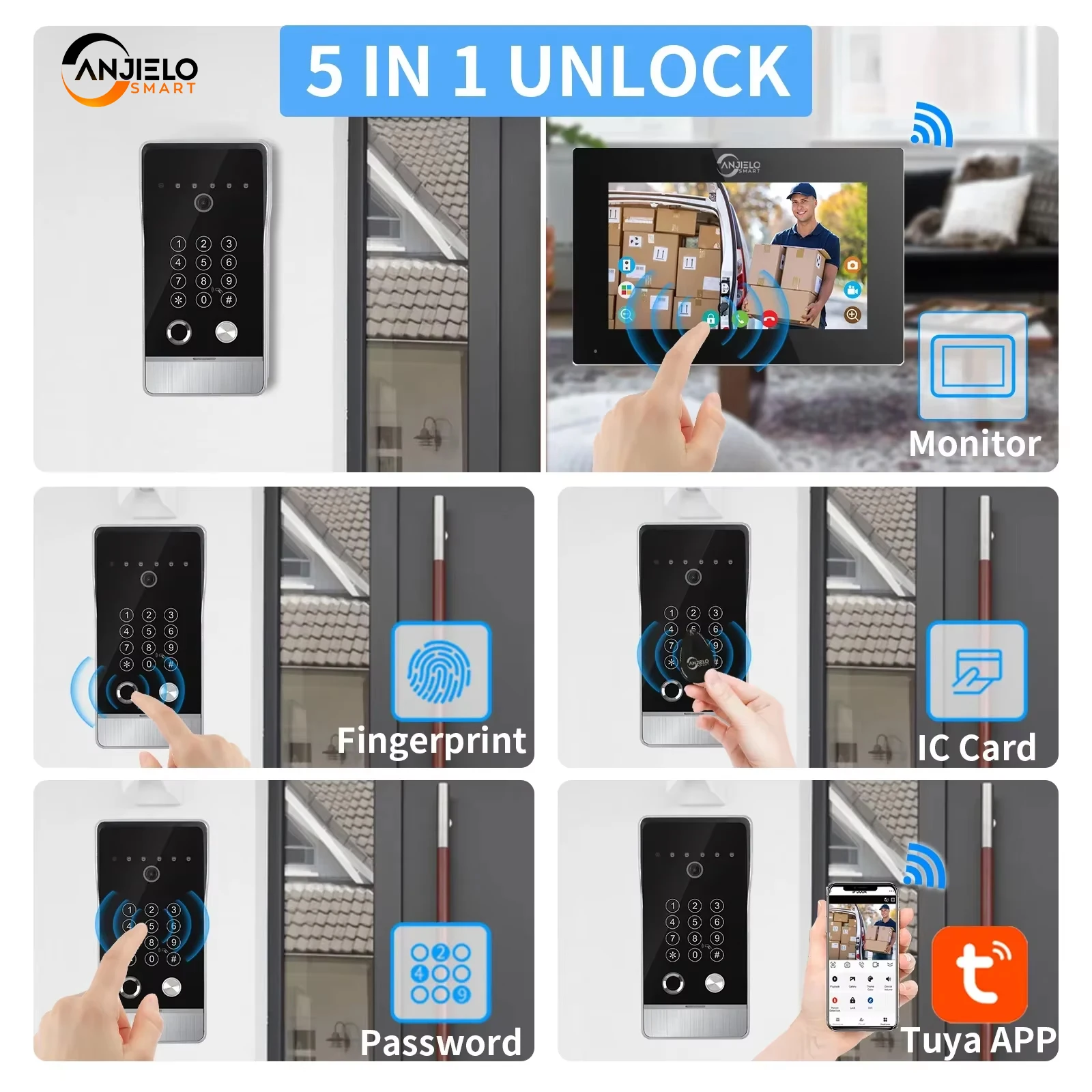 

ANJIELO Tuya 1080P 7/10 inch video intercom doorbell touch screen with wired doorbell 148° APP password fingerprint card monitor
