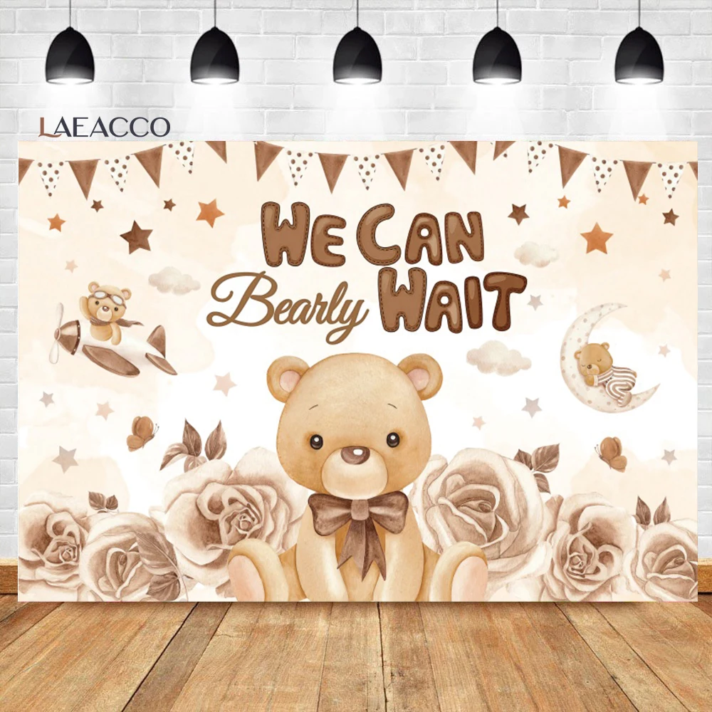 

Laeacco Bear Baby Shower Backdrop Brown Flower Stars We can Bearly Wait Kids Newborn Portrait Customized Photography Background