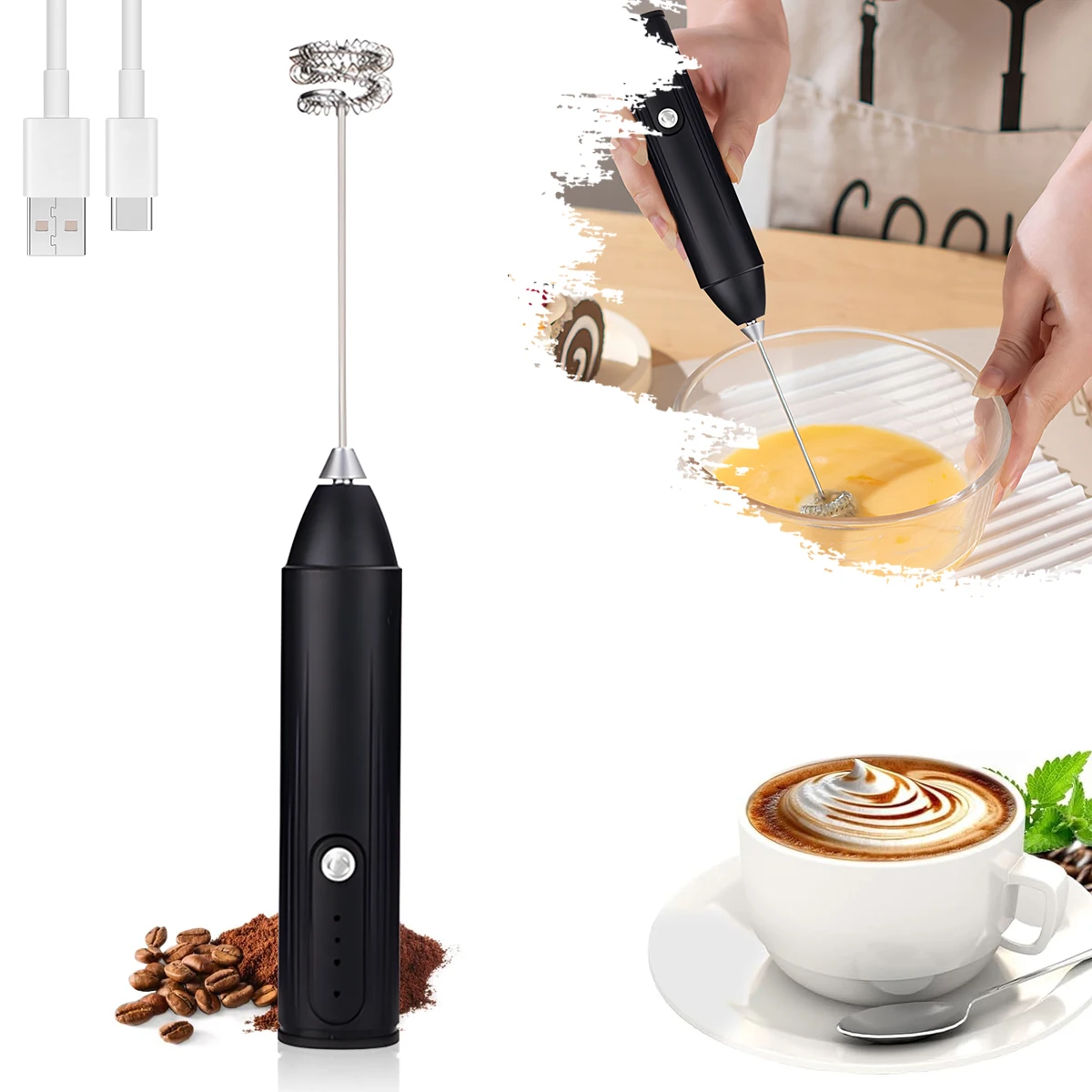 Mini Electric Whisk 3-Speed Rechargeable Frother 300mAh Battery Egg Beater for Kitchen Handheld Milk Coffee Machine