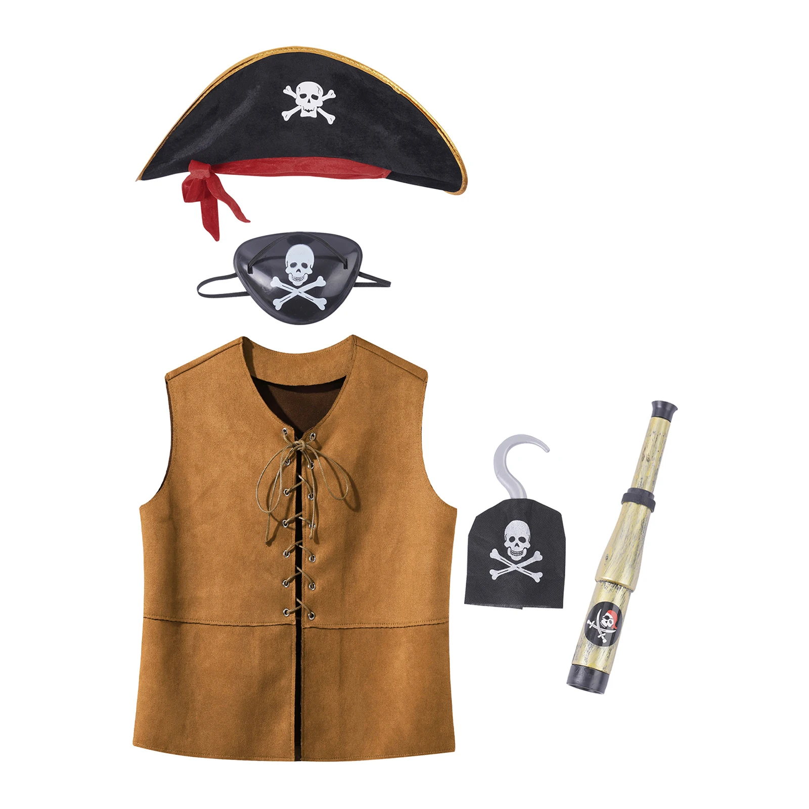 

Unisex Kids Pirate Costume Set Sleeveless V Neck Waistcoat with Hat Blindfold Telescope Hook for Halloween Cosplay Performance