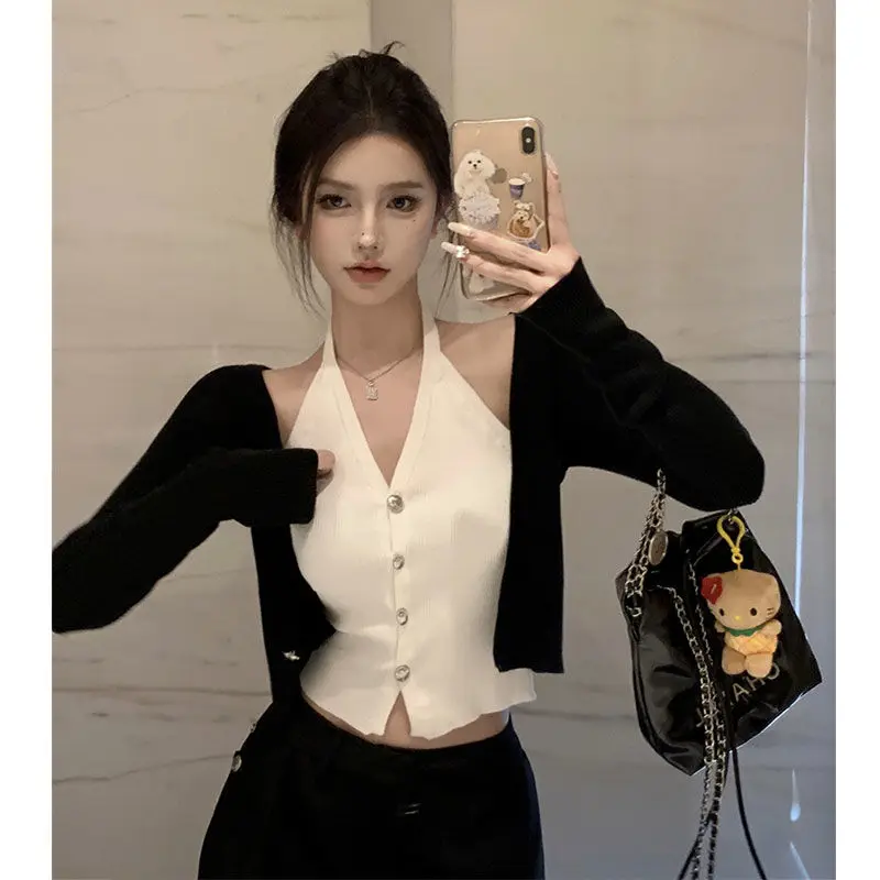 

Women Clothing Spring Autumn Fashion Simplicity Button Color Blocking Halter Female All-match Appear Thin Fake Two Pieces Top Te