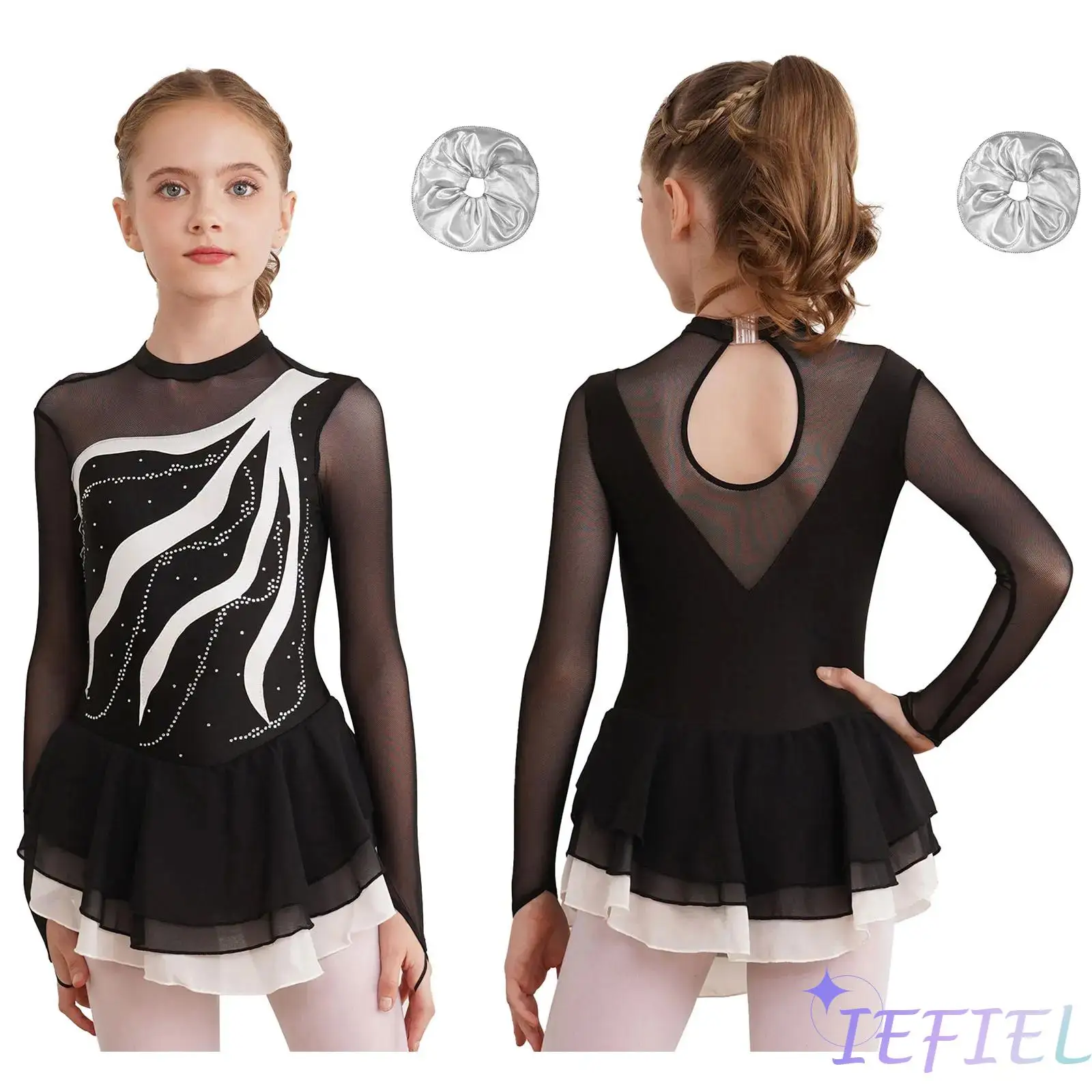

2Pcs Girls Lyrical Dance Ballet Dance Performance Outfit Long Sleeve Rhinestone Patchwork Hollow Out Back Dance Dress+Hair Band