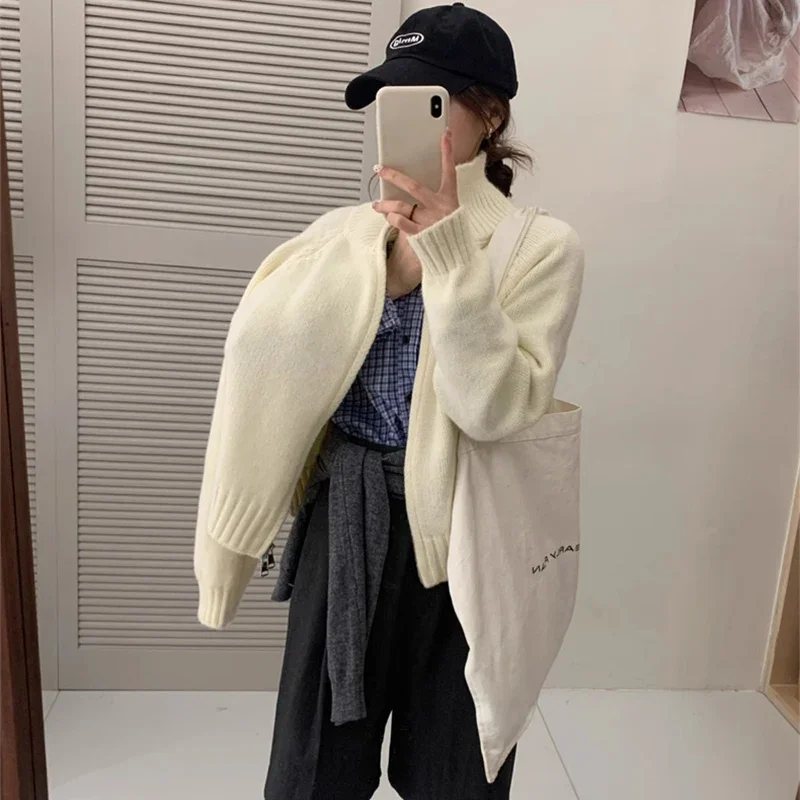 

Autumn Chic Stand-Up Collar Cardigan American Retro Sporty Cardigan Woman Double Zipper Chic Streetwear Knitted Sweater Coat