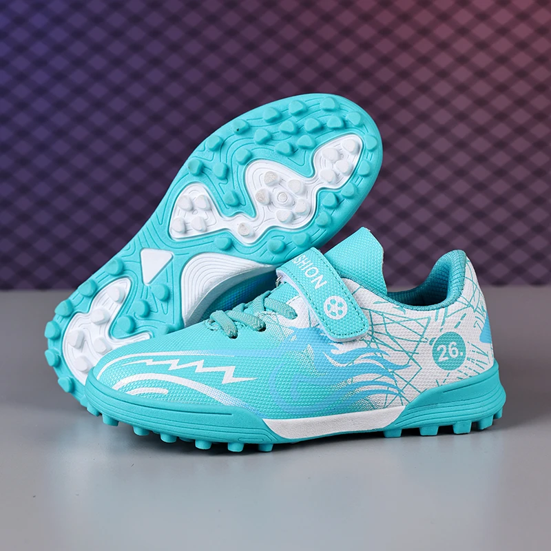 A pair of children's cool flame graphic soccer sneakers, rubber stud sole, cushioned outdoor football footwear XBS-214