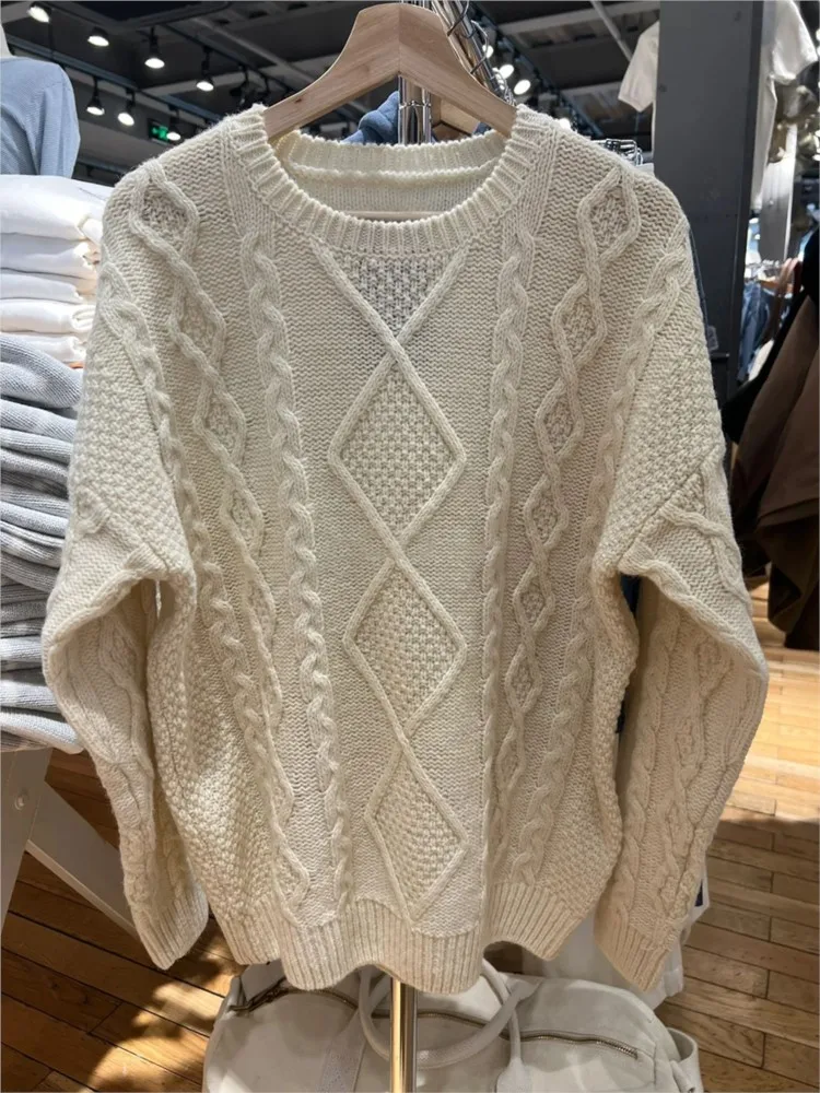 Beżowy sweter z dzianiny w kwiaty Kobieta Jesień Okrągły dekolt Sweter z długim rękawem Casual All-match Pullover Słodkie swetry w stylu preppy