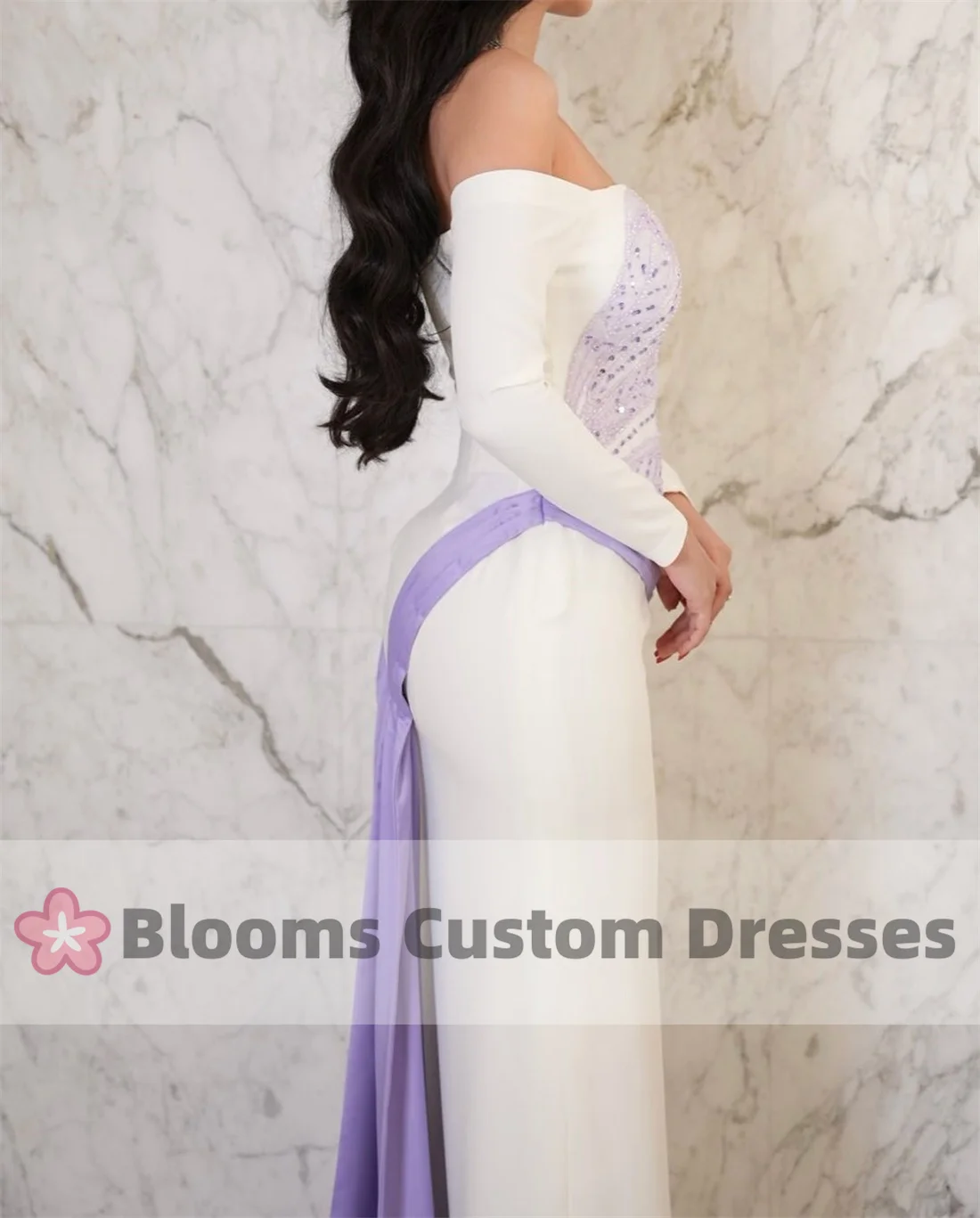 Blooms Saudi Lilac Beaded Customized Evening Dresses For Special Occasion Long Sleeves Crepe Party Dress Exquisite Prom Gown