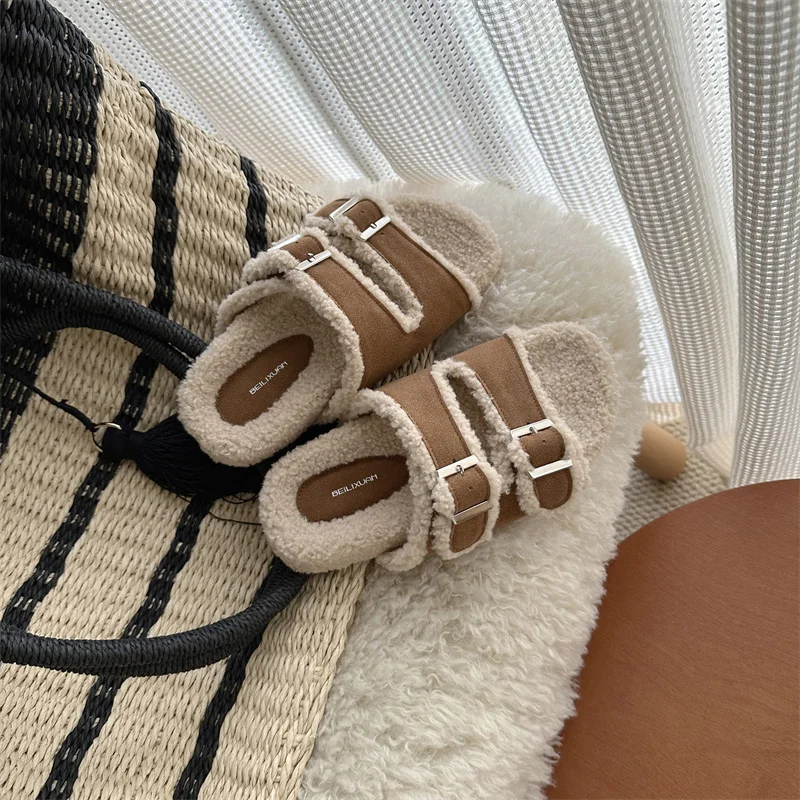 Shoes Womens Slippers Outdoor Fur Flip Flops Platform Pantofle Slides Plush 2024 Autumn Fur Shoes Ladies' Slippers Slipers Women