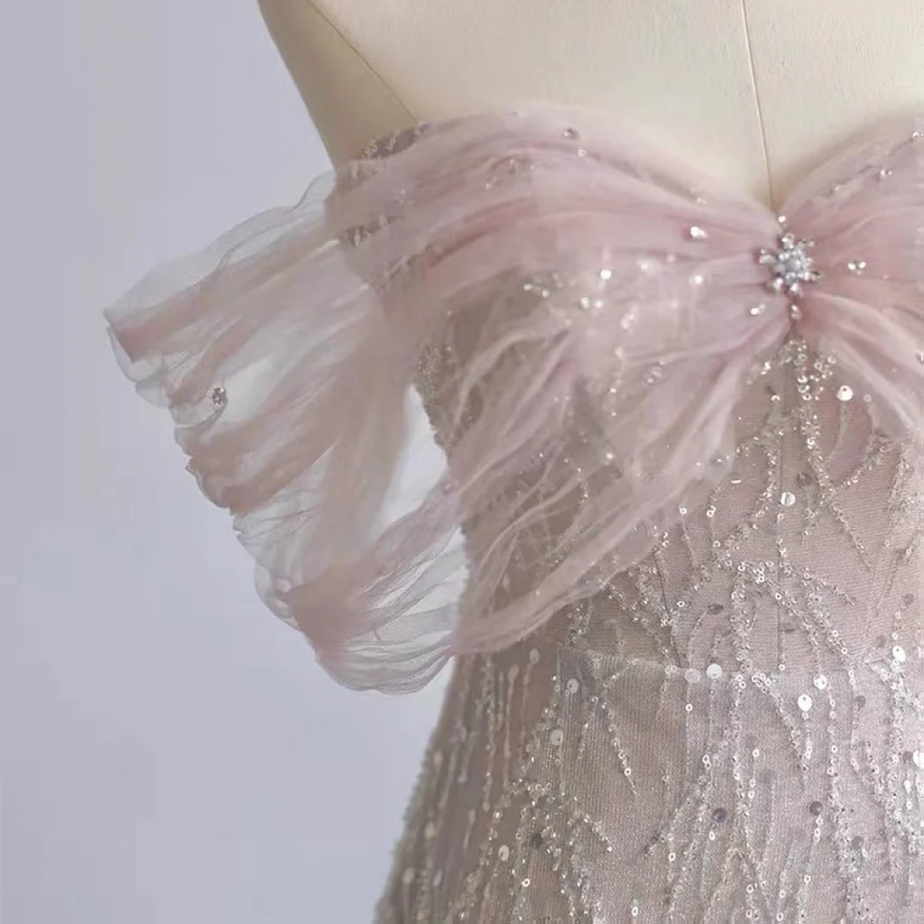 Robe de Demoiselle d\'Honneur Rose Clair, Ligne A, Perles, Paillettes, Tulle Élégant, Style Français, Robe de Soirée Formelle