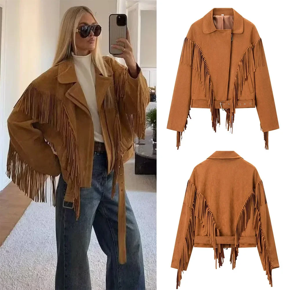 

Женская осенняя замшевая мотоциклетная куртка с кисточками, однотонное короткое пальто с отложным воротником и длинными рукавами, женская уличная верхняя одежда на молнии