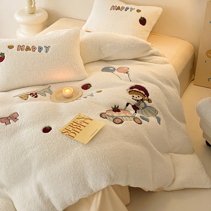 Winter Thick Teddy Milk Velvet Quilt Cover Four Pieces Embroidered Cartoon Milk Velvet Bedding for Autumn and Winter Bedroom