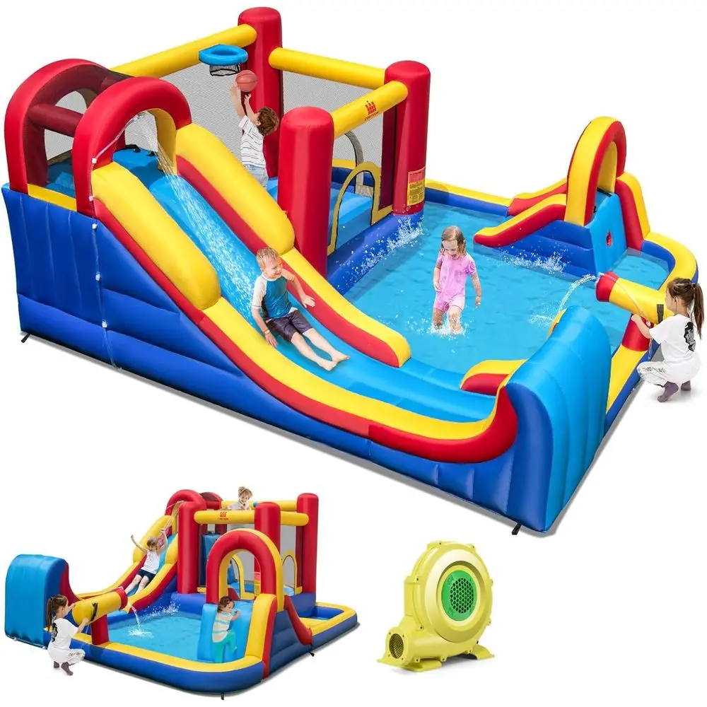 Dmuchana Zjeżdżalnia Wodna, Zjeżdżalnia Surfingowa 7-w-1, Park Wodny dla Dzieci z Zamkiem do Skakania, Dmuchane Zjeżdżalnie Wodne na Zewnątrz z Dużym Plutownikiem