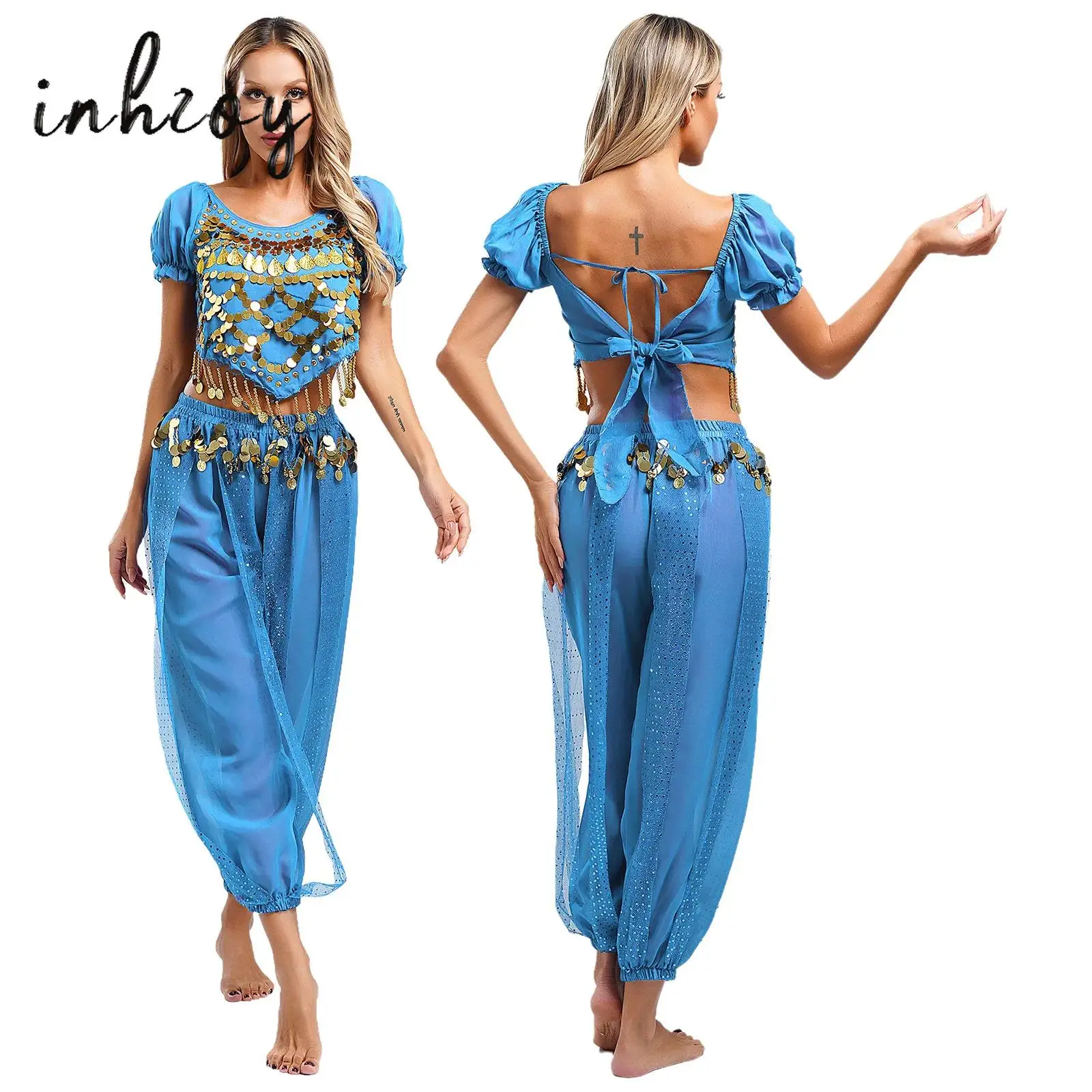 

Women Belly Dance Outfit Chiffon Sequined Short Sleeve Crop Top with Lantern Pants Set Halloween Indian Bollywood Dancewear