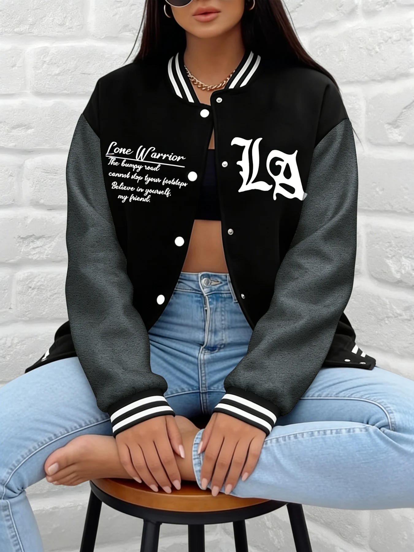 Women Lone Warrior Print Baseball Jacket LA Letter Graphic Varsity Coat Loose Fit Outerwear Casual Street Daily Wear