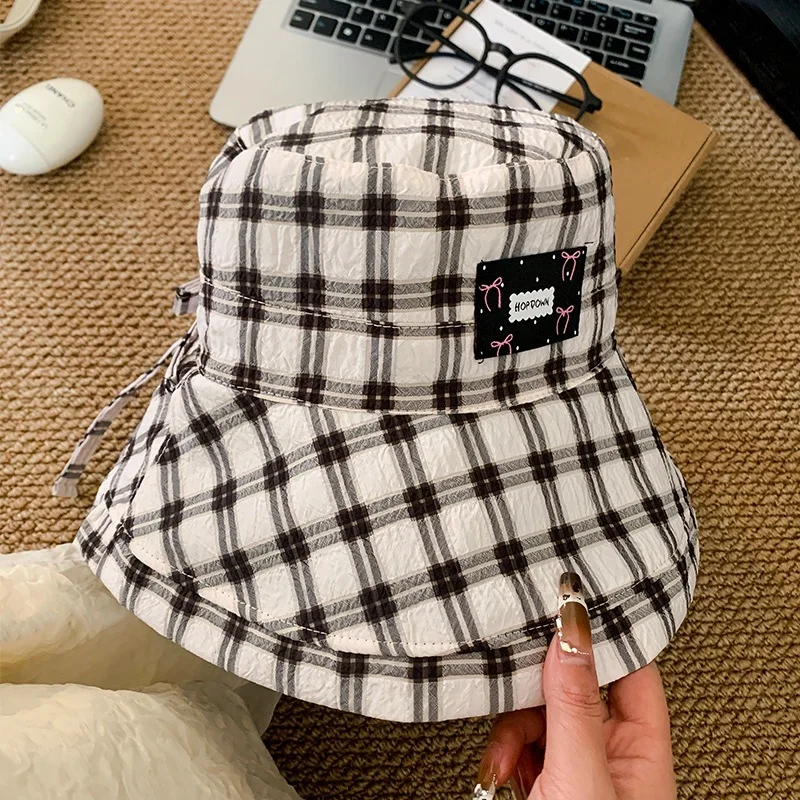 봄/여름 새로운 다목적 체크 무늬 bowknot 야외 놀이 선 스크린 분지 모자 선 스크린 어부 모자