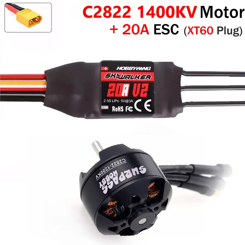 SURPASS HOBBY 2822 1200KV 1400KV Borstelloze Motor Hobbywing 20A ESC 2-3S Snelheidsregelaar voor RC Vliegtuigen met Vaste Vleugels Zweefvliegtuig