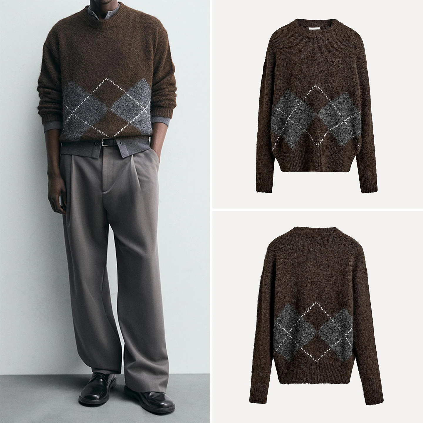 

Ele Loose Long Sve Diamond Pattern Knitted Sweater for Men Autumn 2025 New Arrival Z Brand Breathable Comfortable