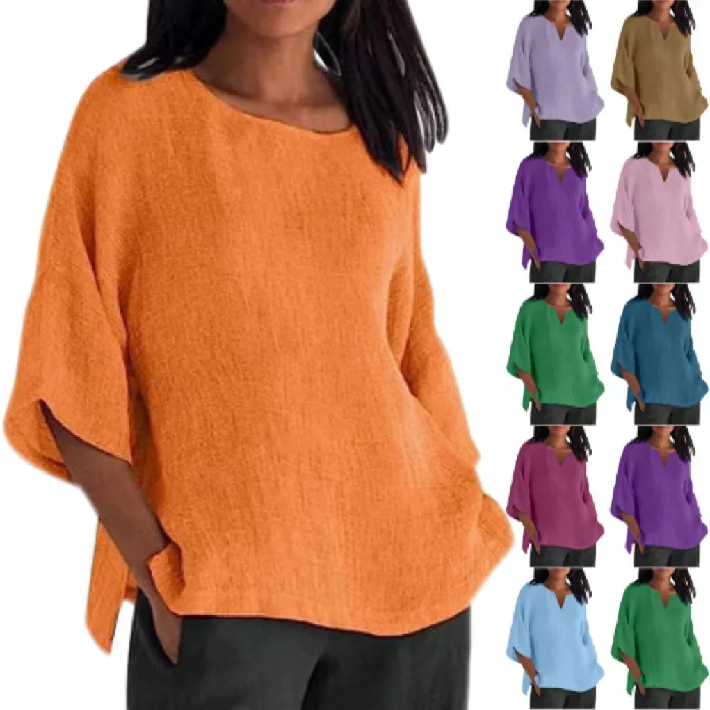 2025 New Women's Clothing Seven-quarter Sleeve Crew Neck Cotton and Linen Shirt and Top