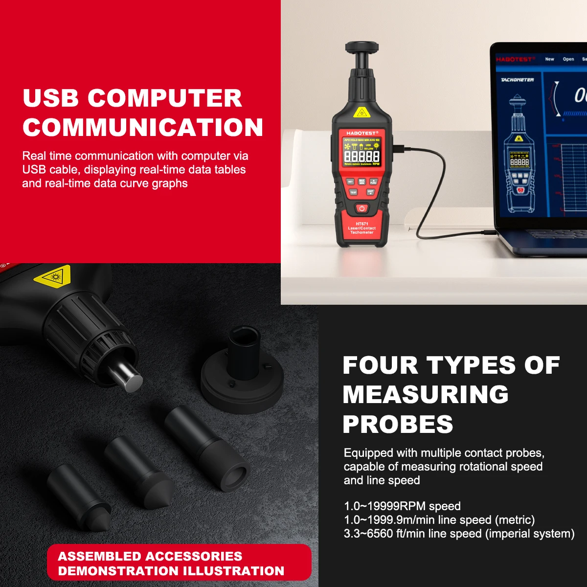 HABOTEST HT671 2-in-1 Kontakt- und Berührungsloser Laser-Tachometer (umschaltbarer Modus) 10-99999 Zählbereich Wiederaufladbarer Tachometer – Detail 11