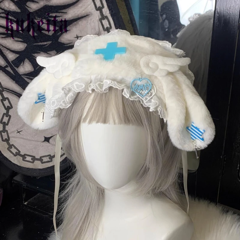 Kukeita Gothic Lolita Kawaii Lace Plush Rabbit Ear Hairband Headwear Women Girls Cosplay Party Hair Accessories