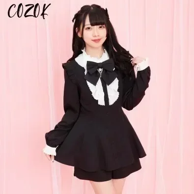 Japanische Shorts Set Gothic Y2k Lolita Plaid Kleid Frauen Süße Schleife Spitze Kragen Puff Sleeve Party Kleider Weibliche A-Line Kleid