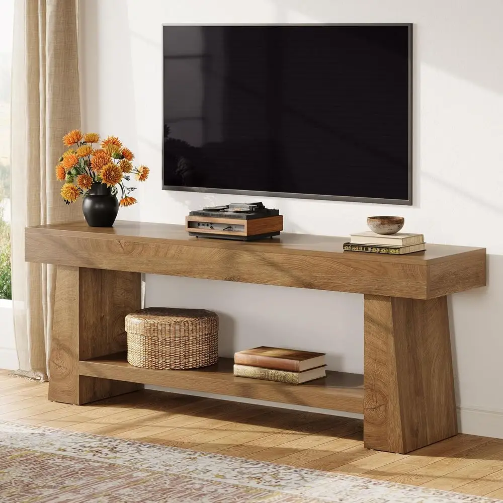 

63 TV Stand for 55-70 TVs, 2-Tier Storage Entertainment Center, Wooden Media Console for Living Room or Bedroom, Brown
