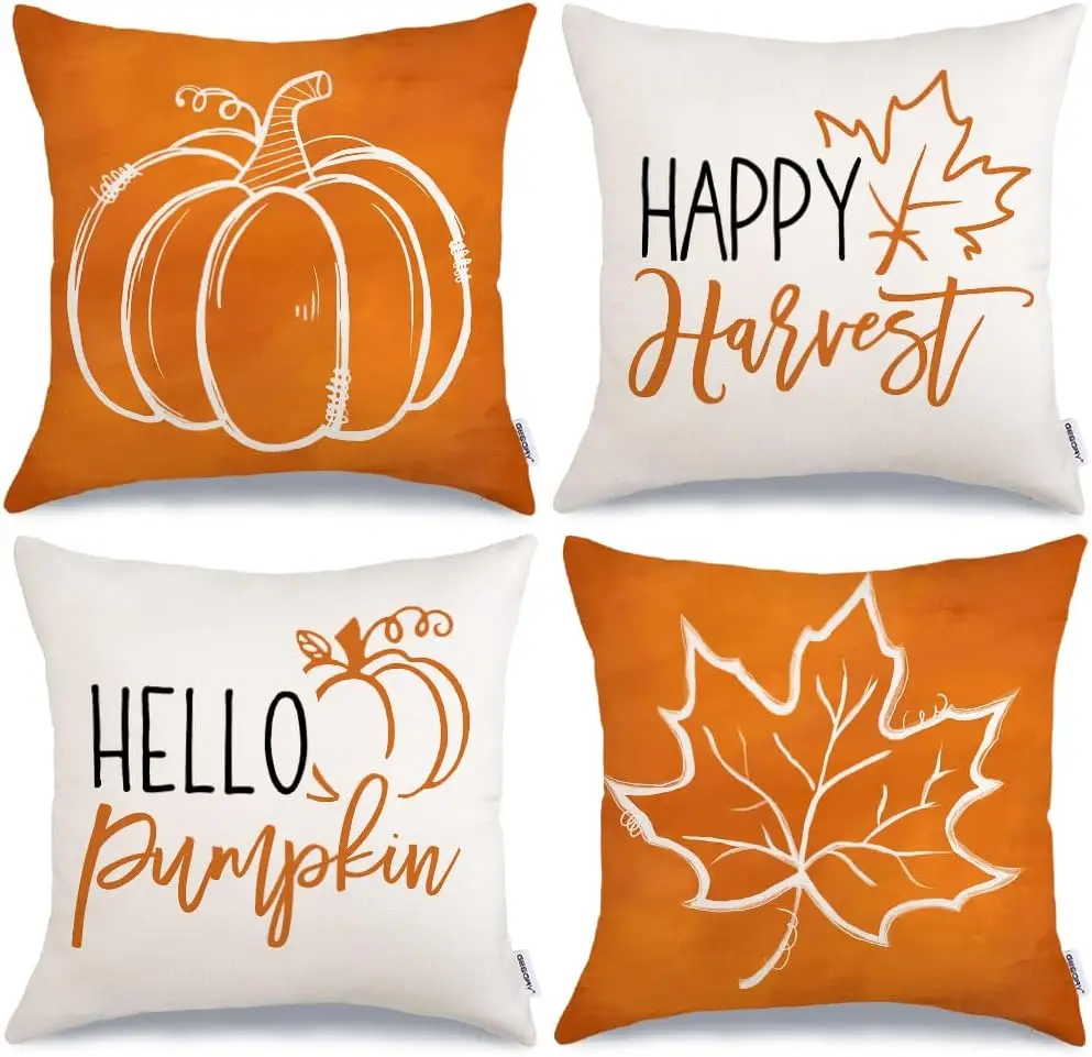

Fall Pumpkin Maple Leaves Pillow Covers Set of 4 Happy Harvest Cushion Cases Autumn Farmhouse Thanksgiving Decor for Sofa