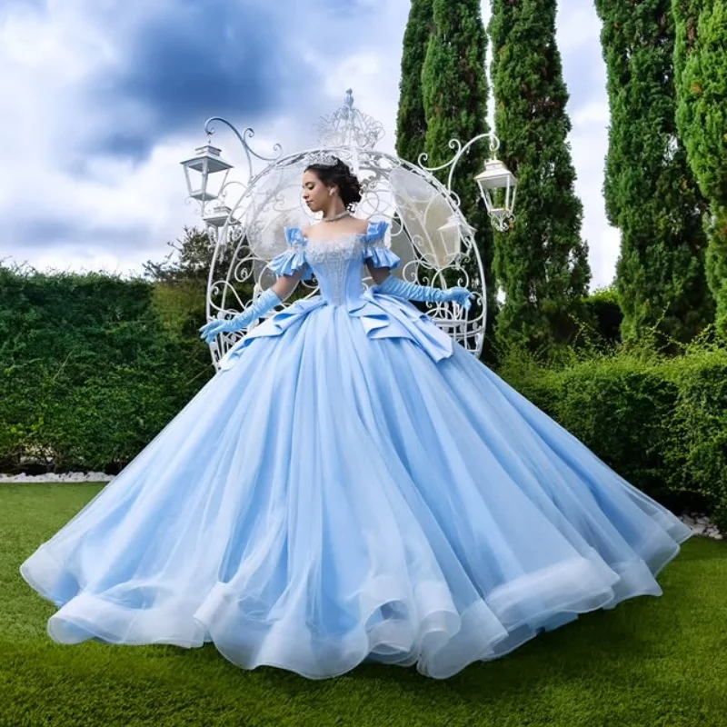 

Customized sky blue Quinceanera Dress Off Shoulder Tull sequin applique crystal Lace Bow Long tail vestidos de 15 Quinceanera