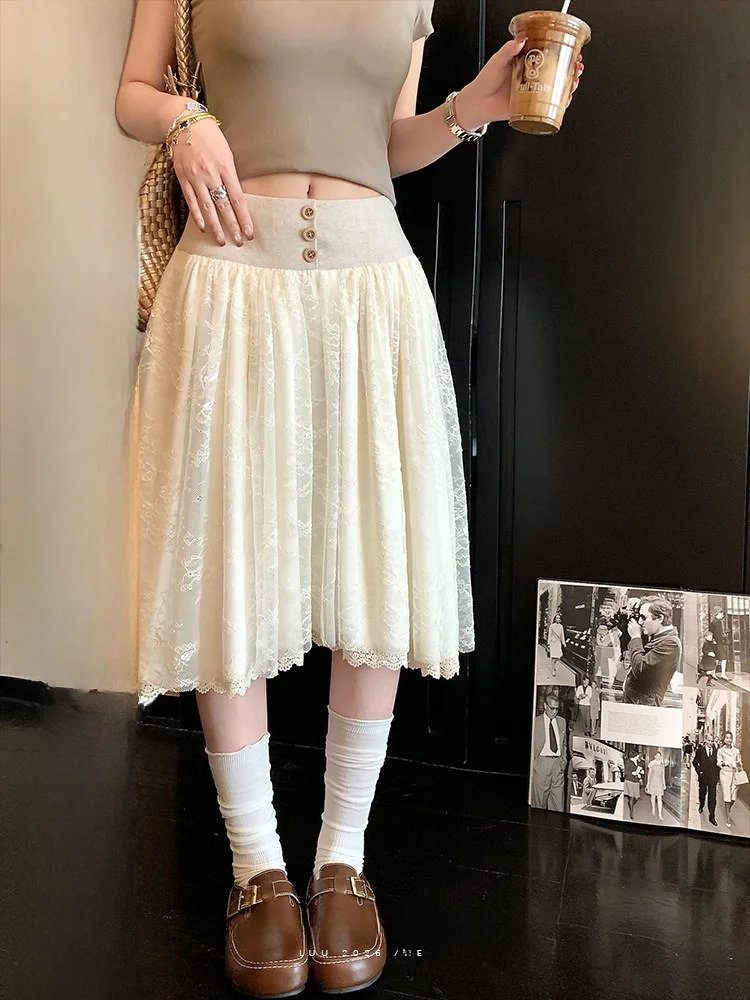 

High Waist A-Line Lace Skirt Women's Spring Summer Loose Midi Design Sense Skirts Casual Korean Style Commute Half-length