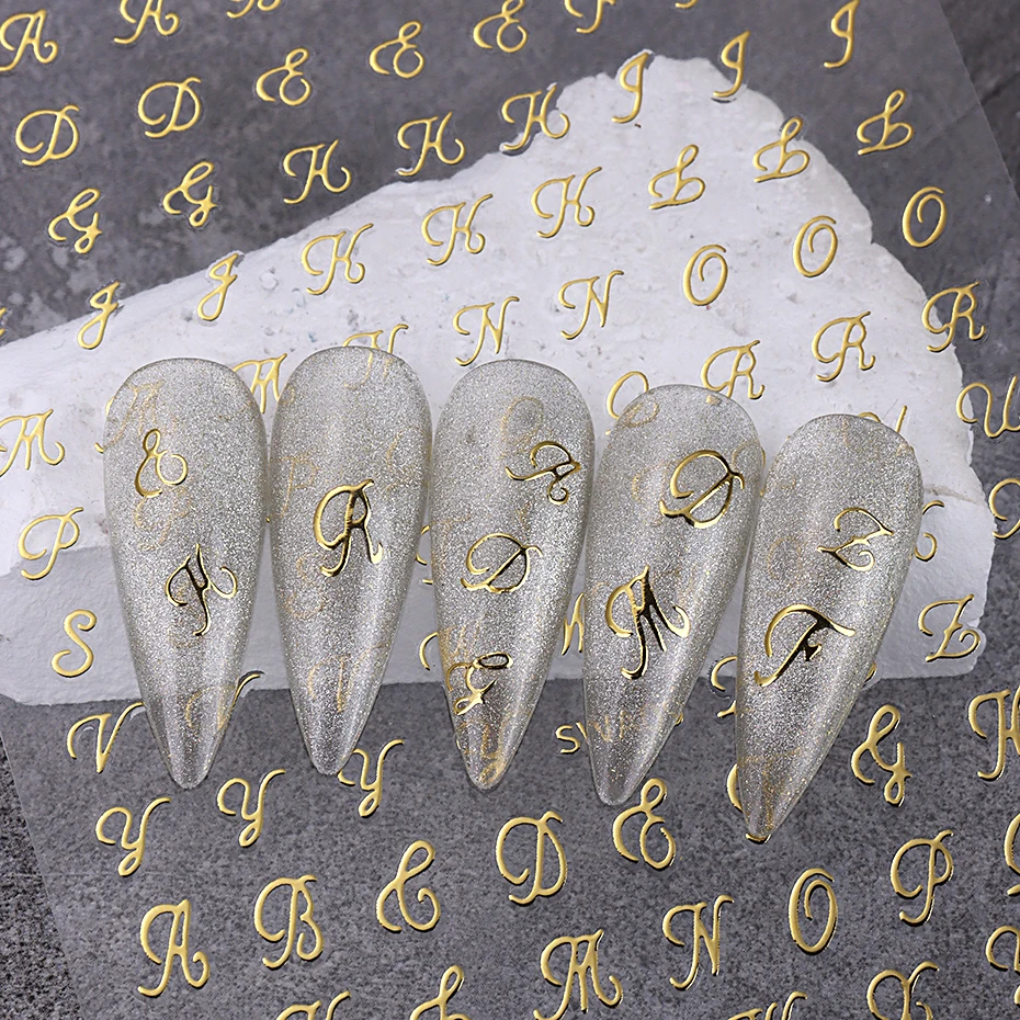 4 stuks Romeinse letter nagelstickers gouden zilver zwart wit alfabet ontwerp zelfklevende sticker Engelse woorden DIY manicure decor