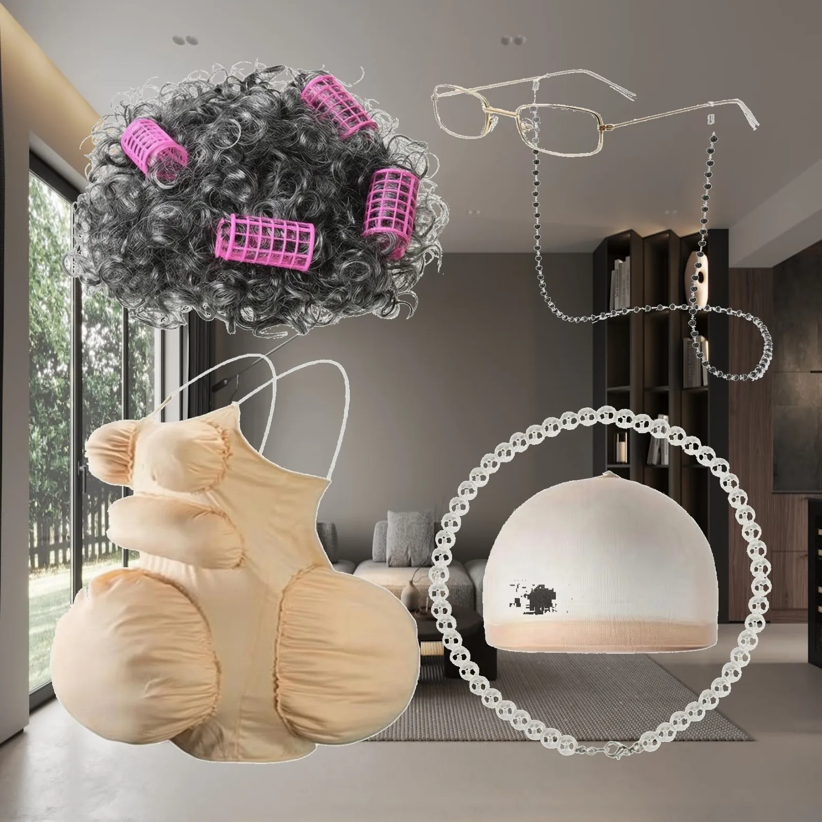 Women Elderly Role Play Costume Kit Grey Synthetic Hair Wig Padded Body Suit Pearl Necklace Novelty Eyeglasses for Fun Event