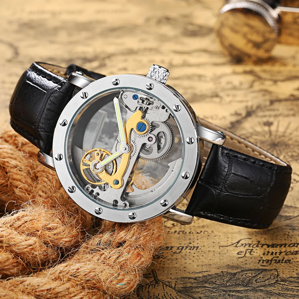 Luxury Brand WOONUN Leather Strap Transparent Dial Golden Case Mens Watches Automatic Mechanical Orologio Men