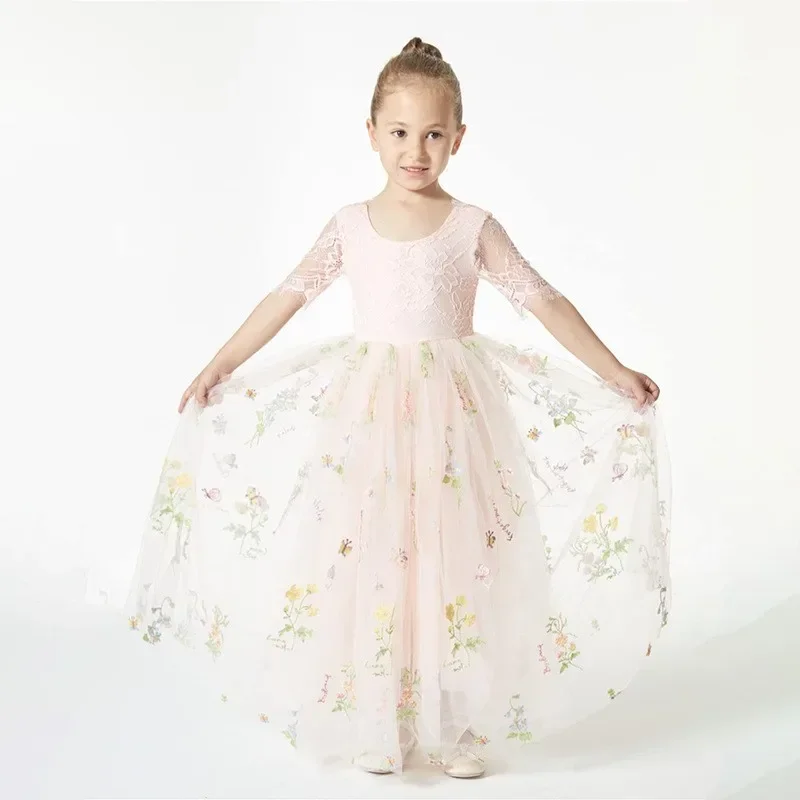 Princesa vestido com rendas e bordados de flores para menina, vestido longo com meia manga, festa de casamento, aniversário, 1 a 12 anos