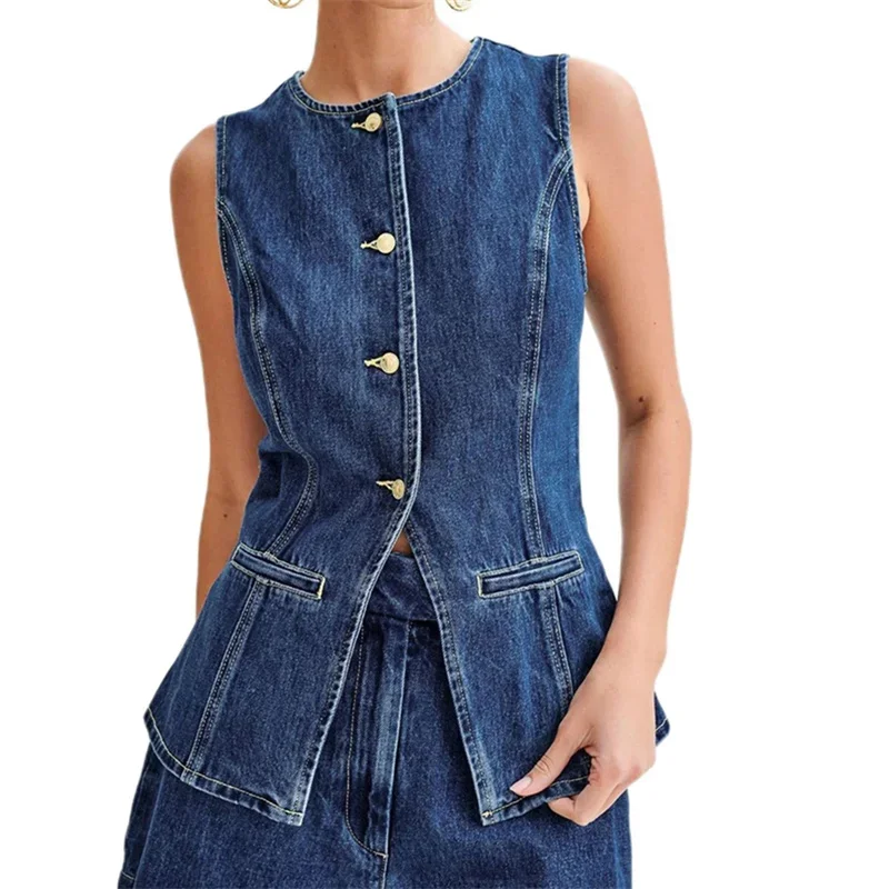 Women\'s Y2K Clothes Denim Long Vest Sleeveless Shirt Button Down Tank Top Back Slit Jean Waistcoat